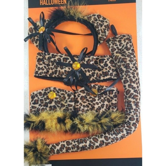 Halloween Cat Accessories Cheetah Leopard Cosplay Headband Choker Tail Cuffs NEW - Picture 2 of 7